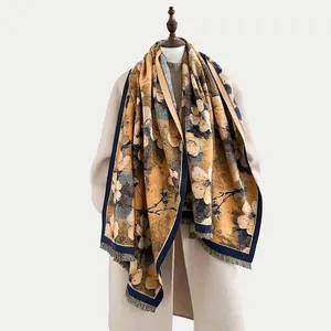Vintage floral oil painting style mustard yellow cashmere pashmina shawl with fringe