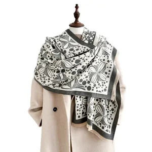 Winter warm jacquard shawl with grey butterfly and floral patterns for women