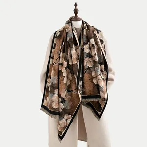 Vintage floral oil painting style cashmere-like scarf with tassels on beige wool coat