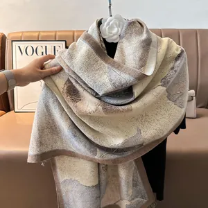 Thick abstract oil painting pashmina shawl in beige and grey with delicate fringe detail