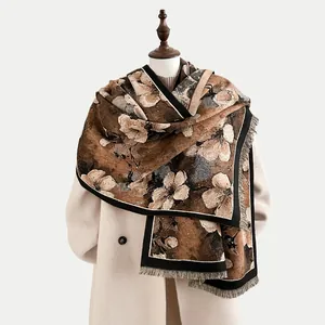 Detail of vintage oil painting style cashmere scarf with elegant floral print and fringe