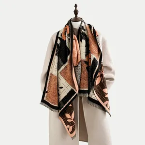 Retro floral patchwork cashmere feel scarf with fringe trim and geometric pattern