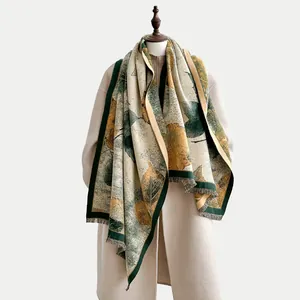 Thick autumn winter scarf shawl with abstract leaf pattern and decorative tassels
