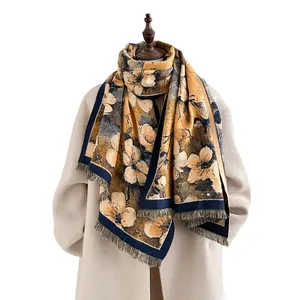 Winter floral oil painting style cashmere-like scarf with warm yellow tones and fringe
