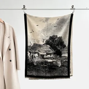 Vintage Pastoral Landscape Jacquard Scarf For Women Thick Warm Imitation Cashmere Wrap With Tassels Retro Artistic Shawl