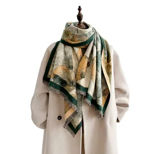 Artistic oil painting style thick jacquard scarf with tassels on a mannequin with coat
