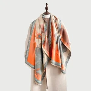Winter faux cashmere scarf with lotus ink painting and tassel fringe on coat