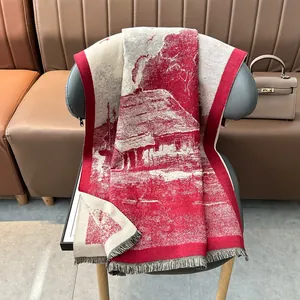 Thick reversible cashmere-style scarf with elegant ink wash village scenery and tassels