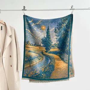 Vintage Oil Painting Cashmere-like Scarf For Women Thickened Jacquard Shawl With Tassels Winter Warm Wrap For Travel Photo