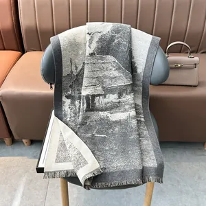 Elegant landscape jacquard cashmere-feel scarf with fringes on a greyish-white base