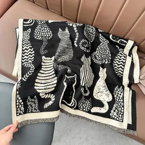 Fashionable black and white cat pattern cashmere scarf with tassel edges for winter