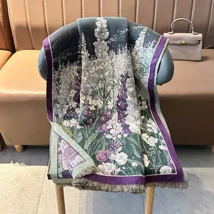 Floral cashmere-feel pashmina shawl with lavender print and fringe trim for autumn and winter