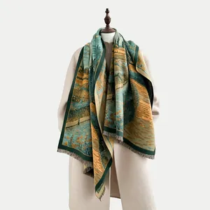 Detail of oil painting landscape print scarf with fringe edges on premium thick fabric