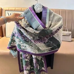 Elegant landscape flower print pashmina shawl with fringes and camellia accessory