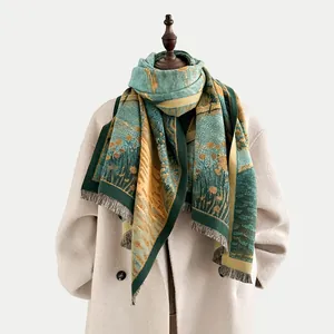 Thick oil painting style cashmere feel shawl with retro tassels on an off-white coat