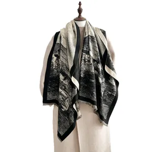 Elegant thick cashmere-like scarf with black and white ink landscape print and tassels