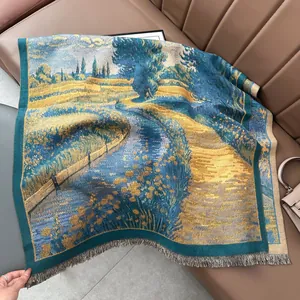 Artistic oil painting style thick cashmere scarf with tassels and pastoral scenery