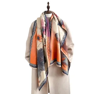 Winter faux cashmere scarf with lotus ink painting and tassel edge on beige coat