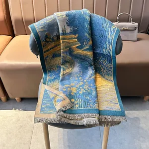 Artistic oil painting style thick cashmere shawl with tassels on a modern chair