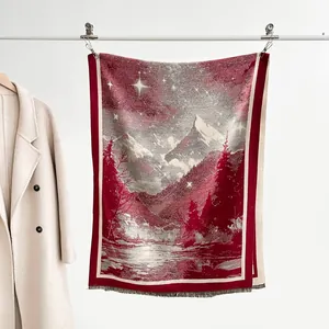 Vintage Landscape Faux Cashmere Scarf For Women Winter Warm Jacquard Shawl With Tassels Ethnic Style Mountain Forest Wrap