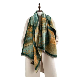 Thick autumn winter cashmere-feel scarf with vintage oil painting print and tassels
