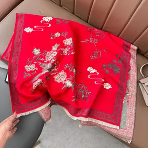Sciarpa da Donna in Stile Etnico Effetto Cashmere Scialle Jacquard Fiori Uccelli Motivo Nappina Lungo Caldo Inverno