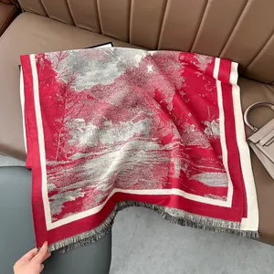 Retro landscape print cashmere-feel shawl scarf in bright red with fringe edge detail