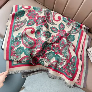 Écharpe Rétro Paisley Florale en Imitation Cachemire Pour Femmes Hiver Épaisse Chaude Châle Jacquard Double Face À Franges