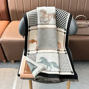 Classic horse pattern shawl with houndstooth and check prints and fringe details