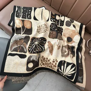 Detailed view of the soft abstract oil painting pashmina scarf with elegant fringe trim