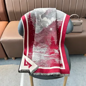 Retro snow mountain cashmere-feel scarf with red and white jacquard landscape pattern
