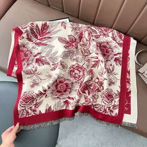 Floral Cashmere-Like Scarf For Women Vintage Rose Pattern Thick Warm Winter Shawl With Tassel Elegant Soft Neck Wrap Gift