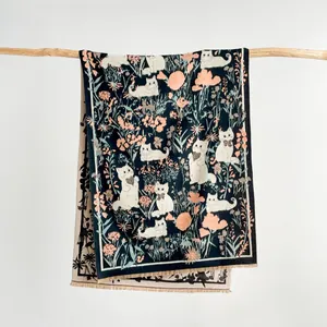 Vintage Cat Pattern Imitation Cashmere Scarf For Women Winter Thickened Jacquard Tassel Shawl Wrap Dual Use Warm Scarf