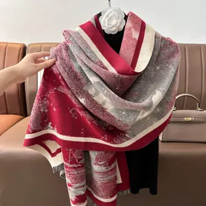 Retro ink-wash pattern cashmere-like shawl with tassels and camellia brooch decor