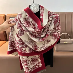 Elegant wine red and beige cashmere-like scarf with large floral rose jacquard and tassels