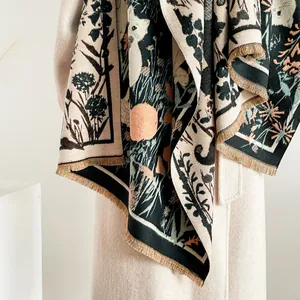 Thick jacquard shawl with cute cat silhouette, floral patterns and tassel edges