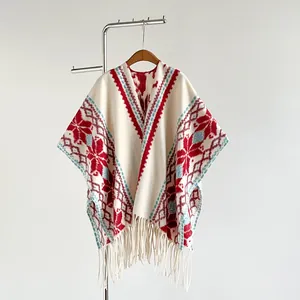 Damen Ethno Stil Schal Mit Quasten Verzierung Bohemian Geometrisch Schneeflocke Jacquard Muster Winter Warme Umhüllung Reise