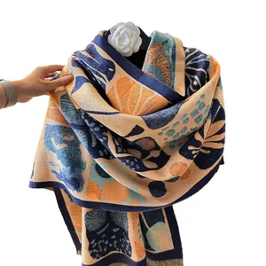 Winter faux cashmere scarf with abstract oil painting print and orange fringe details