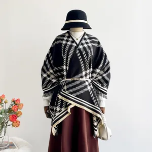 Women's black and white plaid cashmere cape shawl with tassels for autumn fashion
