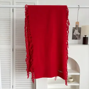 Écharpe Femme Hiver Chaud Imitation Cachemire Couleur Unie Avec Gland Douce Écharpe En Polyester Châle Pour Fête De Noël Élégant