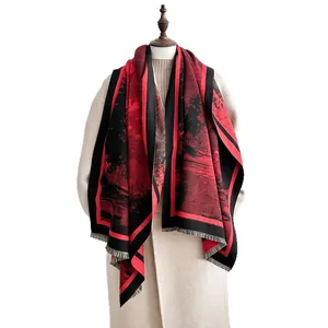 Vintage Chinese landscape landscape pashmina shawl scarf in red and black with tassels