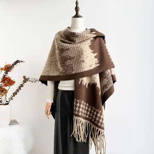 British style houndstooth thick warm poncho shawl with fringes in brown and beige tones