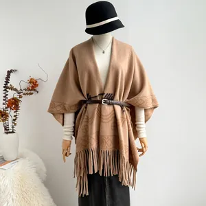 Thick camel cashmere poncho wrap with fringe tassels and ethnic patterns for winter warmth