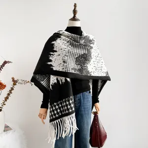British style houndstooth knit shawl with tassels, thick warm split poncho for women