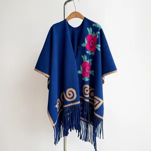 Femmes Rétro Ethnique Floral Glands Poncho Cape Jacquard Ouvert Devant Chaud Châle Enveloppement Hiver Tricot Cardigan Voyage Top