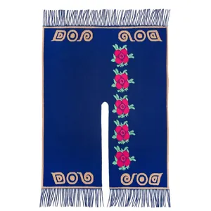 Châle en maille ethnique avec motifs floraux, franges et fente en bleu marine