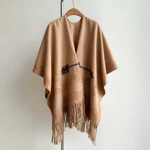 Women Winter Thick Faux Cashmere Poncho Shawl Vintage Ethnic Geometric Print Fringe Tassel Cape Wrap For Outdoor Warmth
