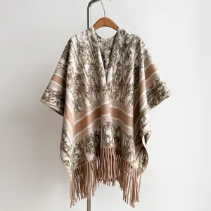 Damen Retro Waldmuster Poncho Schal Mit Quasten Kaschmir Imitat Dicke Warme Cape Für Reisen Büro Winter