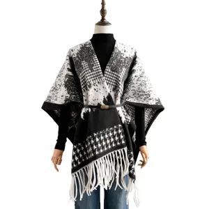 British style houndstooth thick shawl poncho with white fringe and waist belt