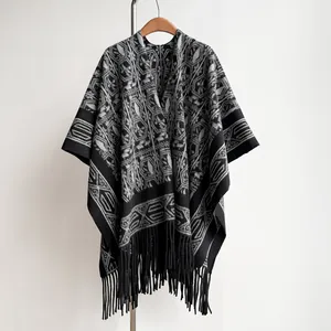 Women's Ethnic Knit Shawl Cape Geometric Jacquard Tassel Pashmina Wrap Open Front Loose Winter Warm Poncho Outerwear